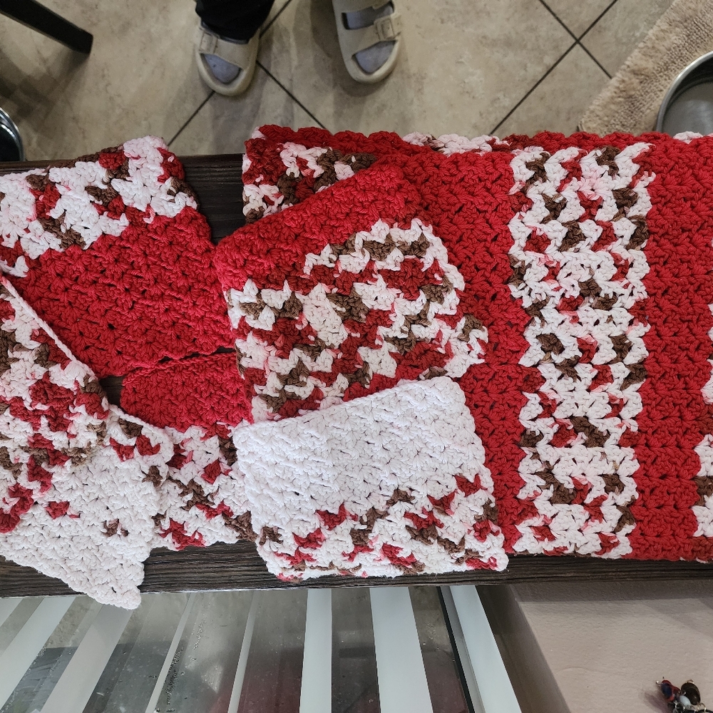 Handmade Red, White and Brown accent cloths and towels